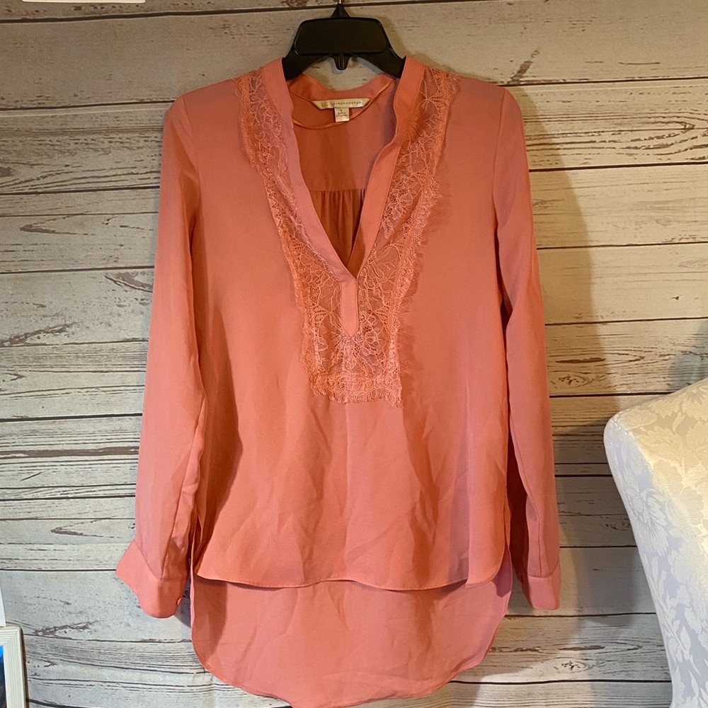 LC Lauren Conrad Peach Lace Trim Boho Tunic Blouse Size Small